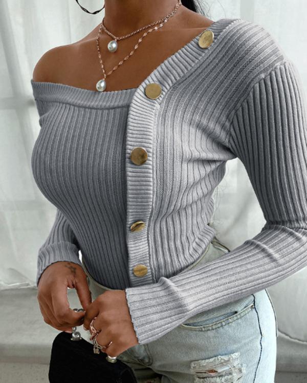 Fashion Knitted Sexy V Neck Button Bodycon Sweater