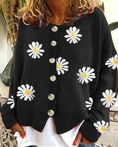 Long Sleeve Cotton-Blend Shift Daisy Sweater