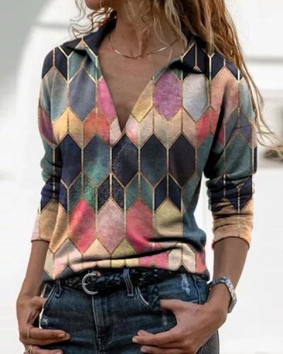 Color Block Casual Collar Long Sleeve Blouses