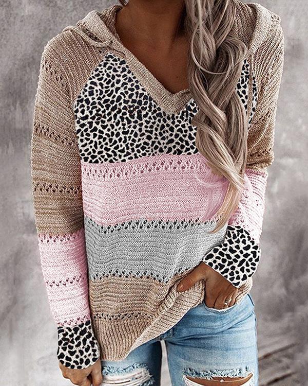Long Sleeve V Neck Cotton-Blend Leopard Hooded Sweater