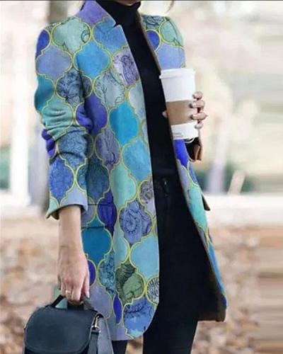 Suit Collar Long Sleeve Printed Trench Coat