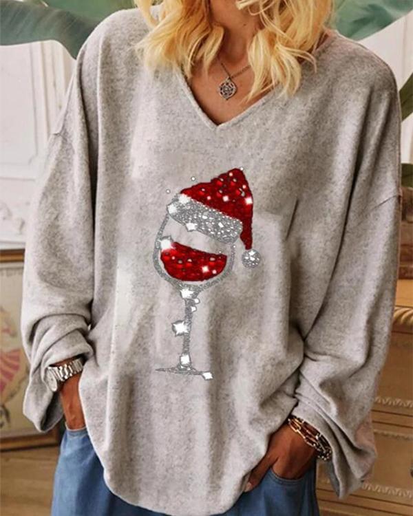 Casual Christmas Wine Glass Print V-neck Blouses