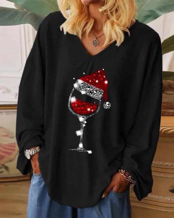 Casual Christmas Wine Glass Print V-neck Blouses