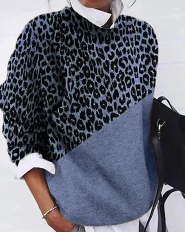 Color Block Leopard Sweater Leisure Long Sleeved Tops