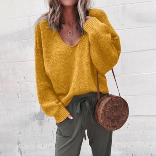 Women's Fashion Autumn Deep V-neck Solid Color  Sweater