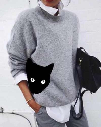 Round Neckline Cat Print Casual Loose Shift Sweaters