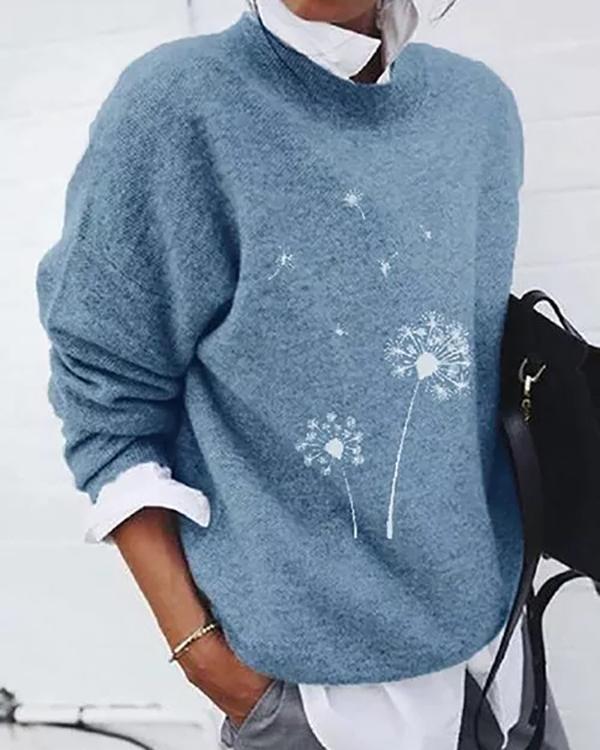 Round Neckline Print Casual Loose Shift Sweaters
