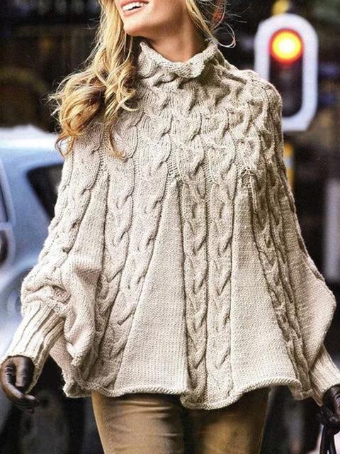 Solid Knitted Batwing Stand Collar Casual Plus Size Sweater