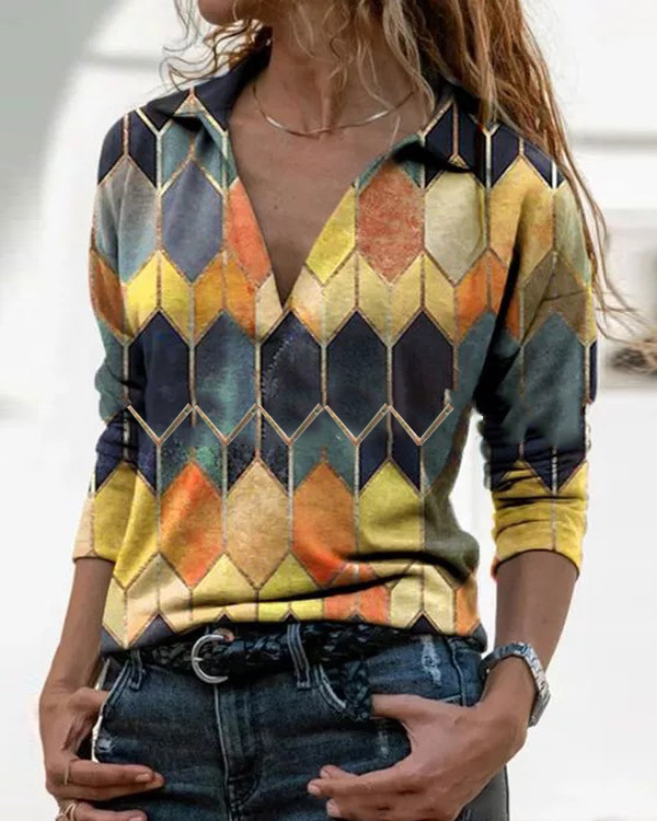 Color Block Casual Collar Long Sleeve Blouses