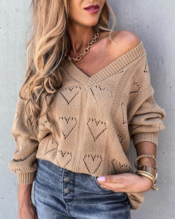 Women's Basic Hollow Out Solid Color Long Sleeve Loose Sweater