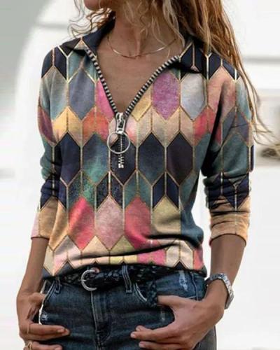 Color Block Casual Collar Zipper Long Sleeve Blouses