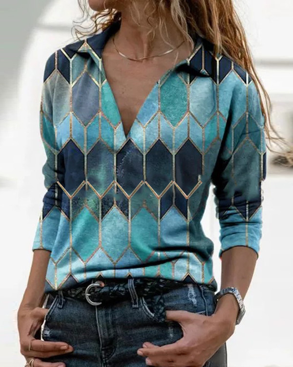 Color Block Casual Collar Long Sleeve Blouses
