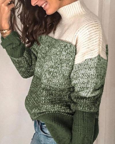 Color Block Contrast Knitted Turtleneck Pullover Sweater