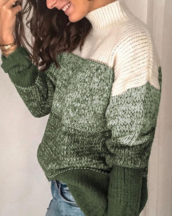 Color Block Contrast Knitted Turtleneck Pullover Sweater