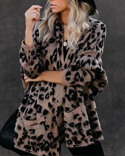 Leopard Pocket Loose Knitted Cardigan