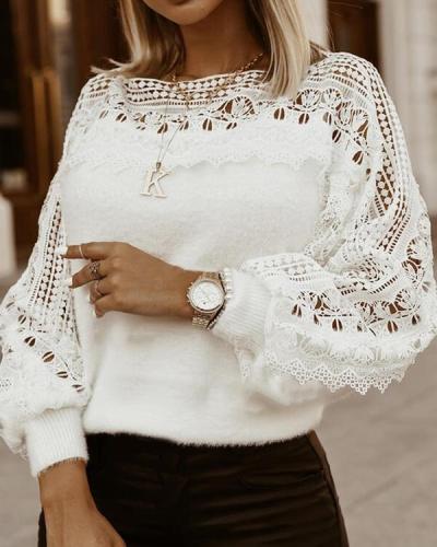 Solid Lace Round Neck Casual Sweaters
