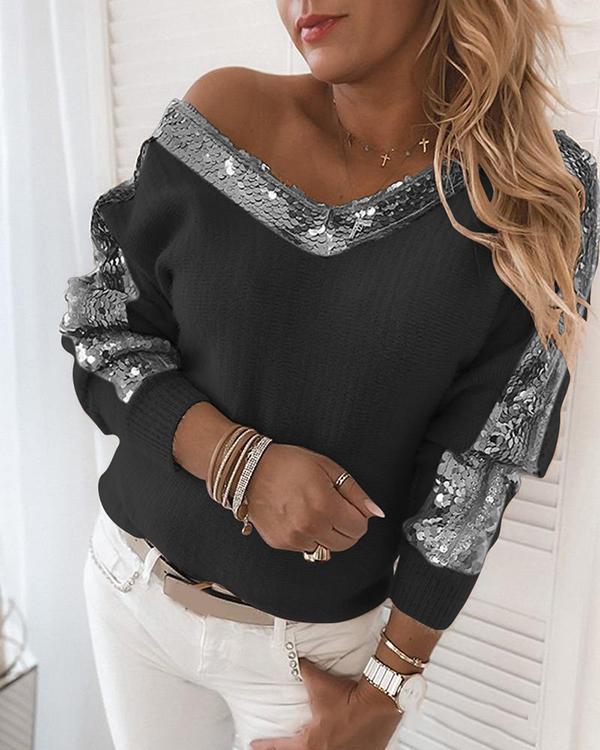 Sequins V-Neck Casual Sweaters