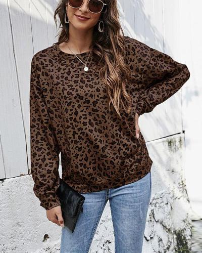 Round Neck Leopard Print Pullover Loose Tops