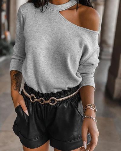 Fashion Solid Hollow Out Shoulder Long Sleeve Blouse