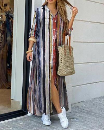 Casual Tie Dye Stripe Button Pockets Shirt Dress