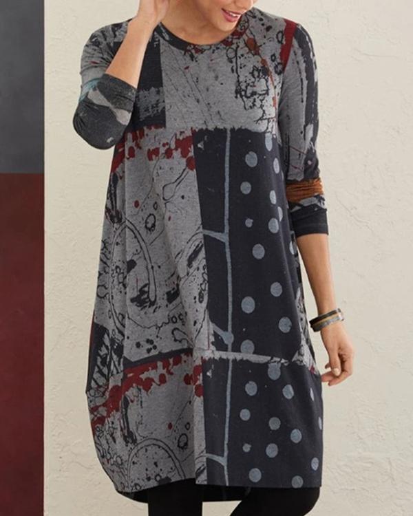 Casual Random Print Pockets Long Sleeve Shift Dress