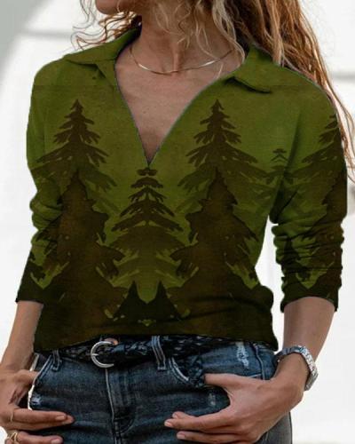 Vintage Landscape Painting Casual Collar Blouses