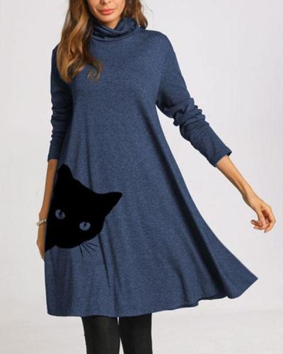 Cat Print Long Sleeve A-line Dresses