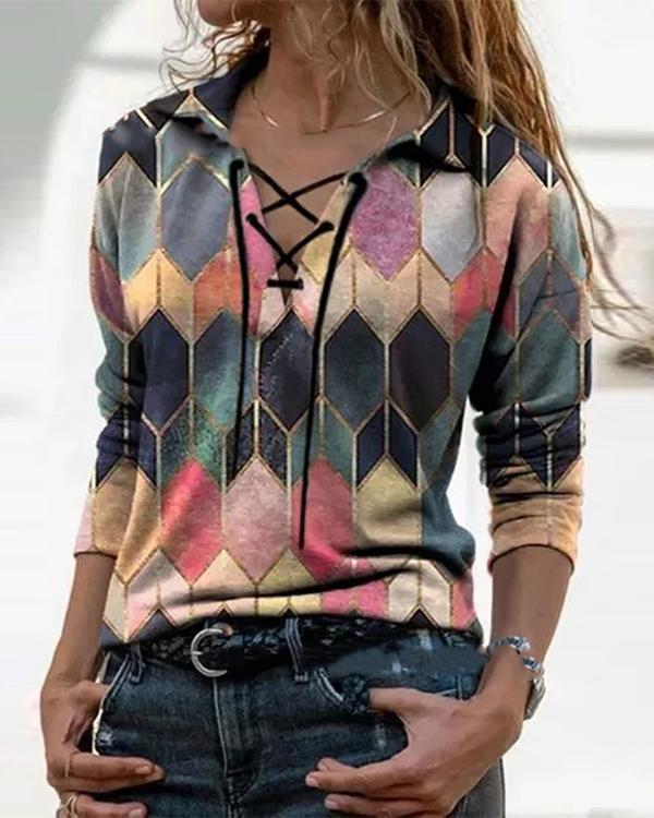 Color Block Casual V-Neckline Long Sleeve Blouses