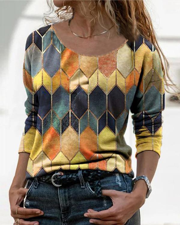 Color Block Casual O-Neckline Long Sleeve Blouses