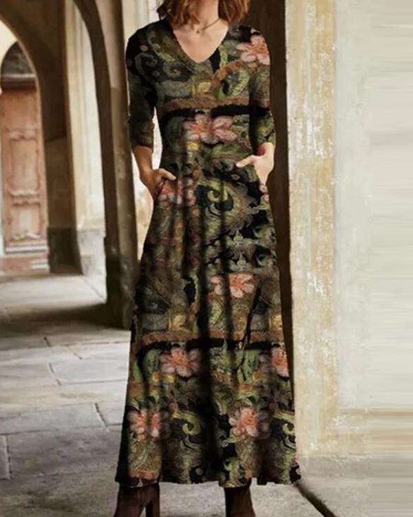 Boho Floral V-Neckline Maxi X-line Long Sleeve Dress