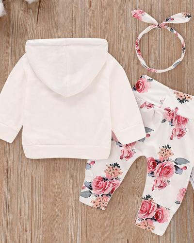 Beautiful Floral Long-sleeve Hoodie, Pants and Headband Set