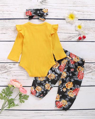 Toddler Floral Print Yellow Bodysuit, Skirt and Headband Suit