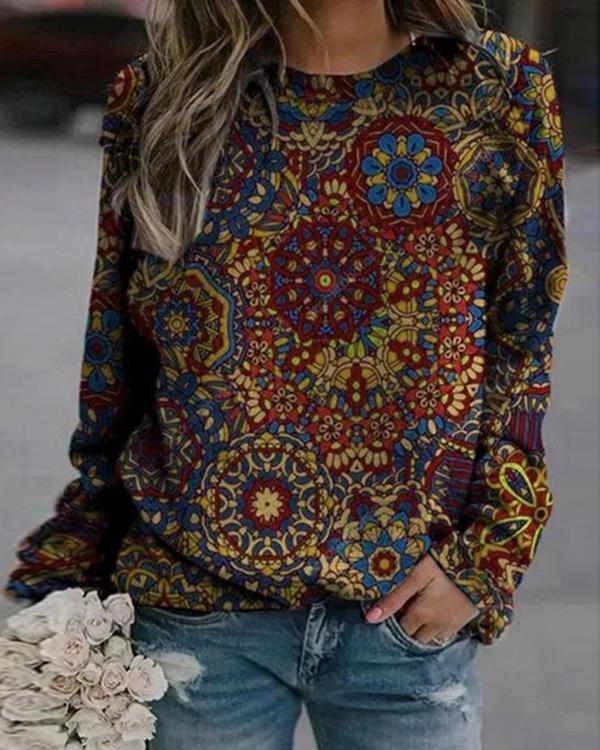 Round Neckline Vintage Print Casual Loose Regular Sweatshirt