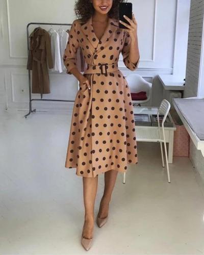 Lapel Print Knee-Length Three-Quarter Sleeve Fall Women's Dress