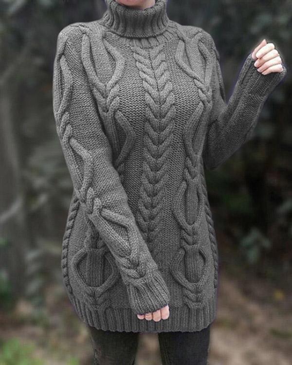 Solid Cable-knit Chunky knit Turtleneck Casual Long Sweater Dress