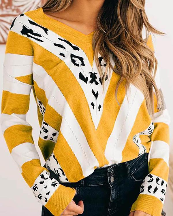 Women V-neck Striped Loose Color Block Sweater