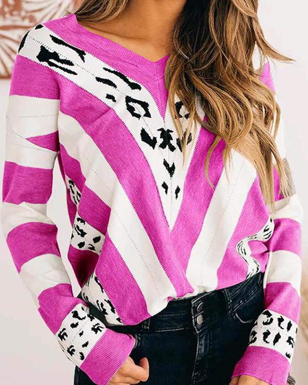Women V-neck Striped Loose Color Block Sweater