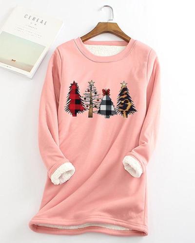 Christmas Tree Printed Sherpa Lined Fleece Pullover Sweatshirt