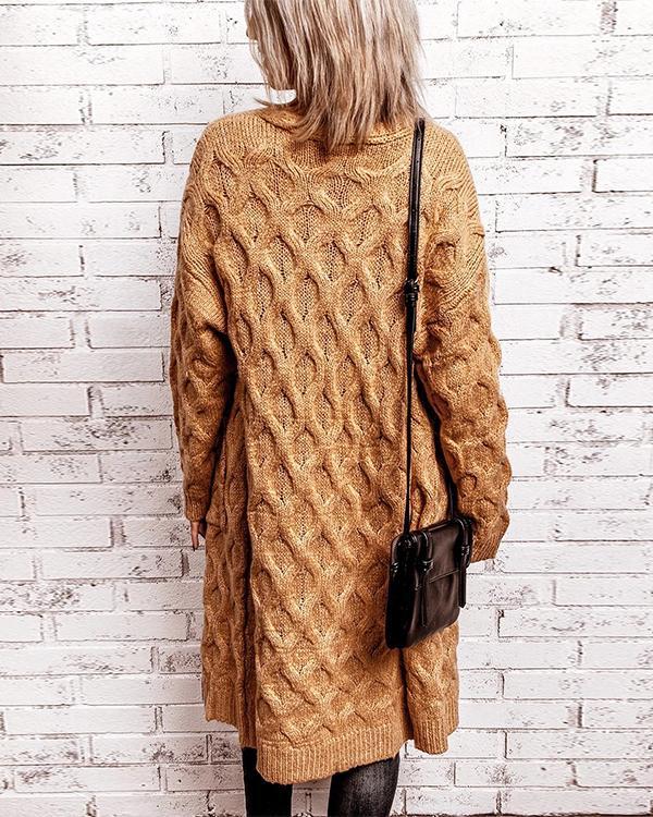 Solid Cable-knit Pockets Casual Long Cardigan