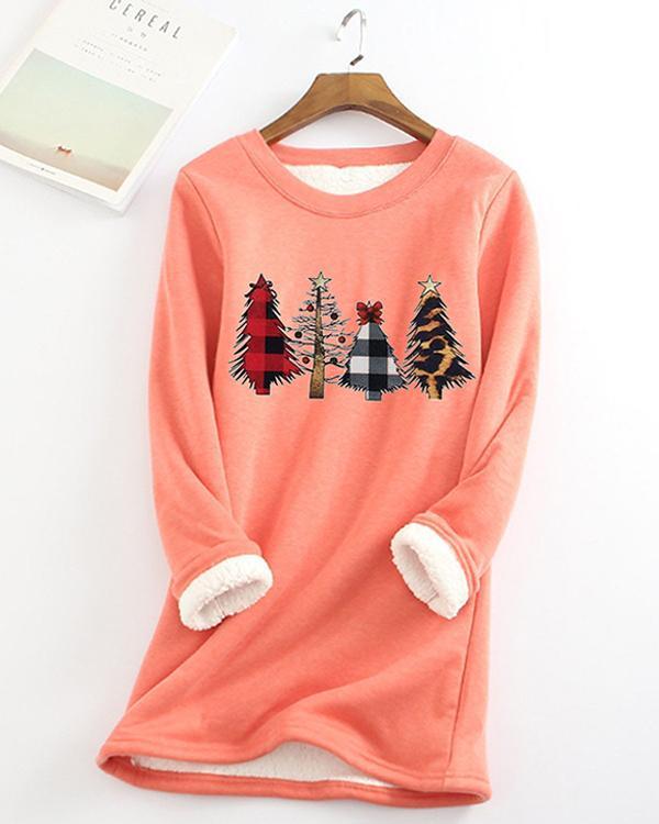 Christmas Tree Printed Sherpa Lined Fleece Pullover Sweatshirt