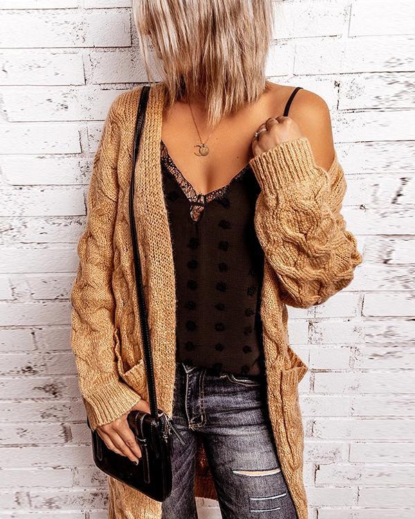 Solid Cable-knit Pockets Casual Long Cardigan