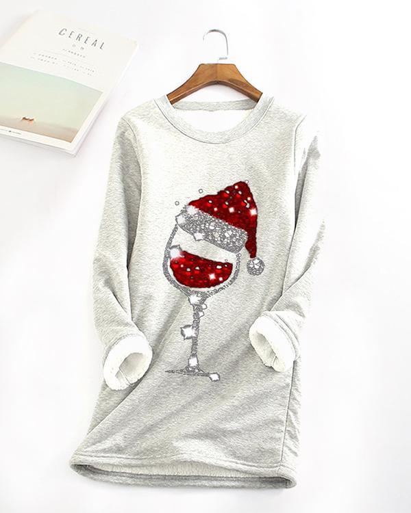 Fleece Warm Christmas Red Wine Glass Print Long Sleeve T-shirt