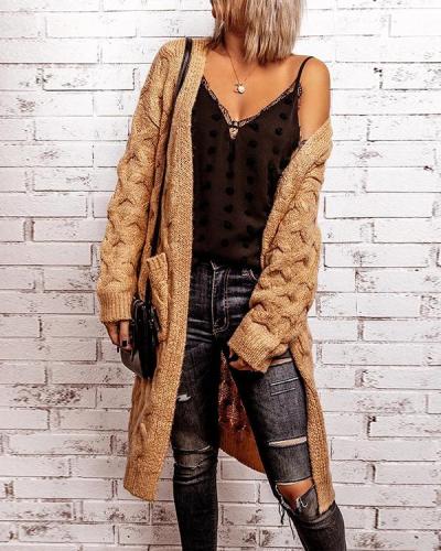 Solid Cable-knit Pockets Casual Long Cardigan