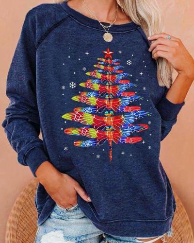 Christmas Tree Dragonfly Print Sweatshirt