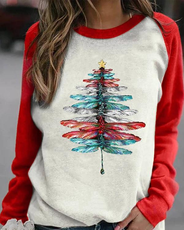 Color-block Lifelike Gradient Dragonfly Christmas Tree Print Raglan Sleeves T-shirt