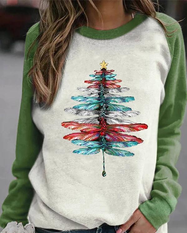 Color-block Lifelike Gradient Dragonfly Christmas Tree Print Raglan Sleeves T-shirt