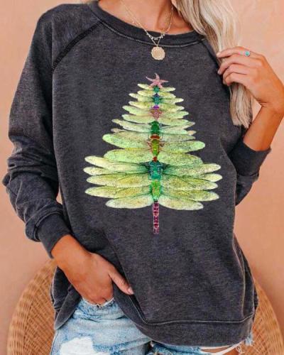 Women's Dragonfly Christmas Tree Print Sweatshirt