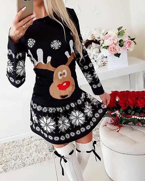 Women's Dress Christmas Moose Snowflake Print Long Sleeve Mini Dress