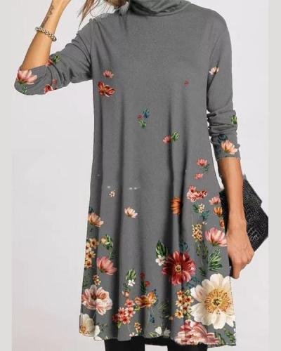 Casual Character/Flower Print Tunic Turtleneck A-line Dress