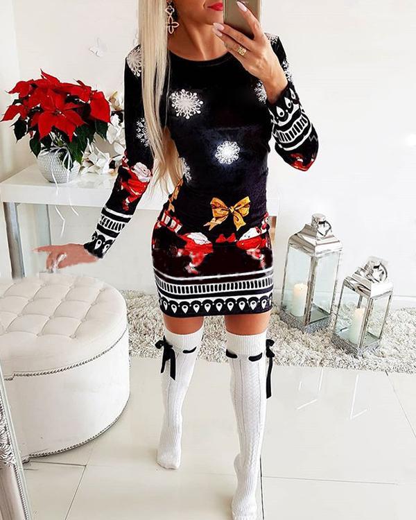 Print Long Sleeves Bodycon Above Knee Christmas Casual Dresses